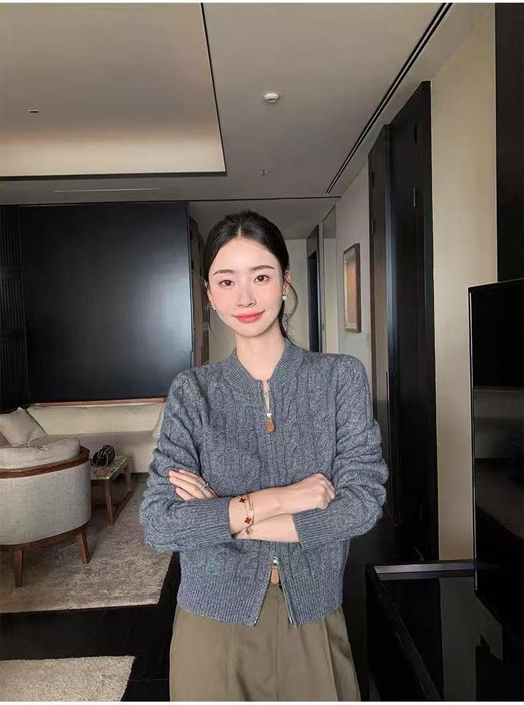 Classic Women's 100% Pure Wool Stand Collar Zipper Cardigan Sweater Coat