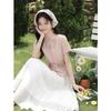 Women's French Pink V-Neck Tie-Waist Short Sleeve Blouse