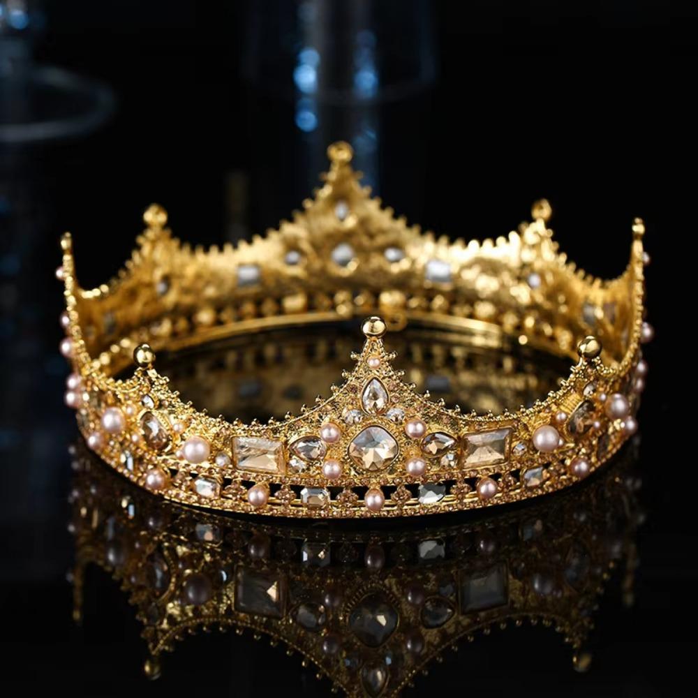 Rhinestone Bridal Tiara Crown Round Shape Wedding Hair Jewelry Vintage Baroque Crown  Costume Party