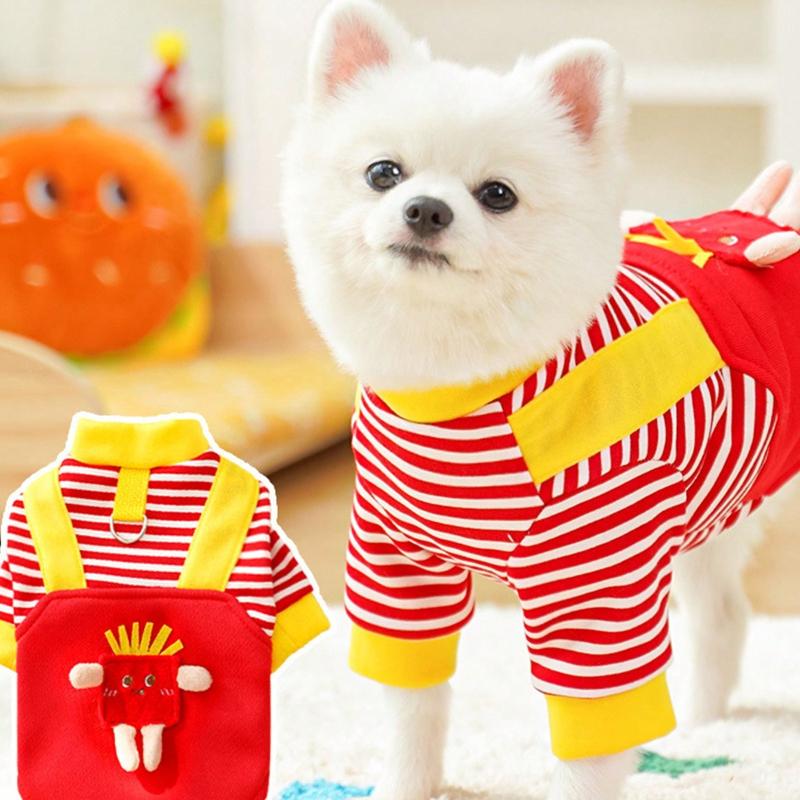 1 Stück Rotes gestreiftes Fleece-Kapuzensweatshirt mit Pommes-Muster für Hunde und Katzen, Herbst/Winter