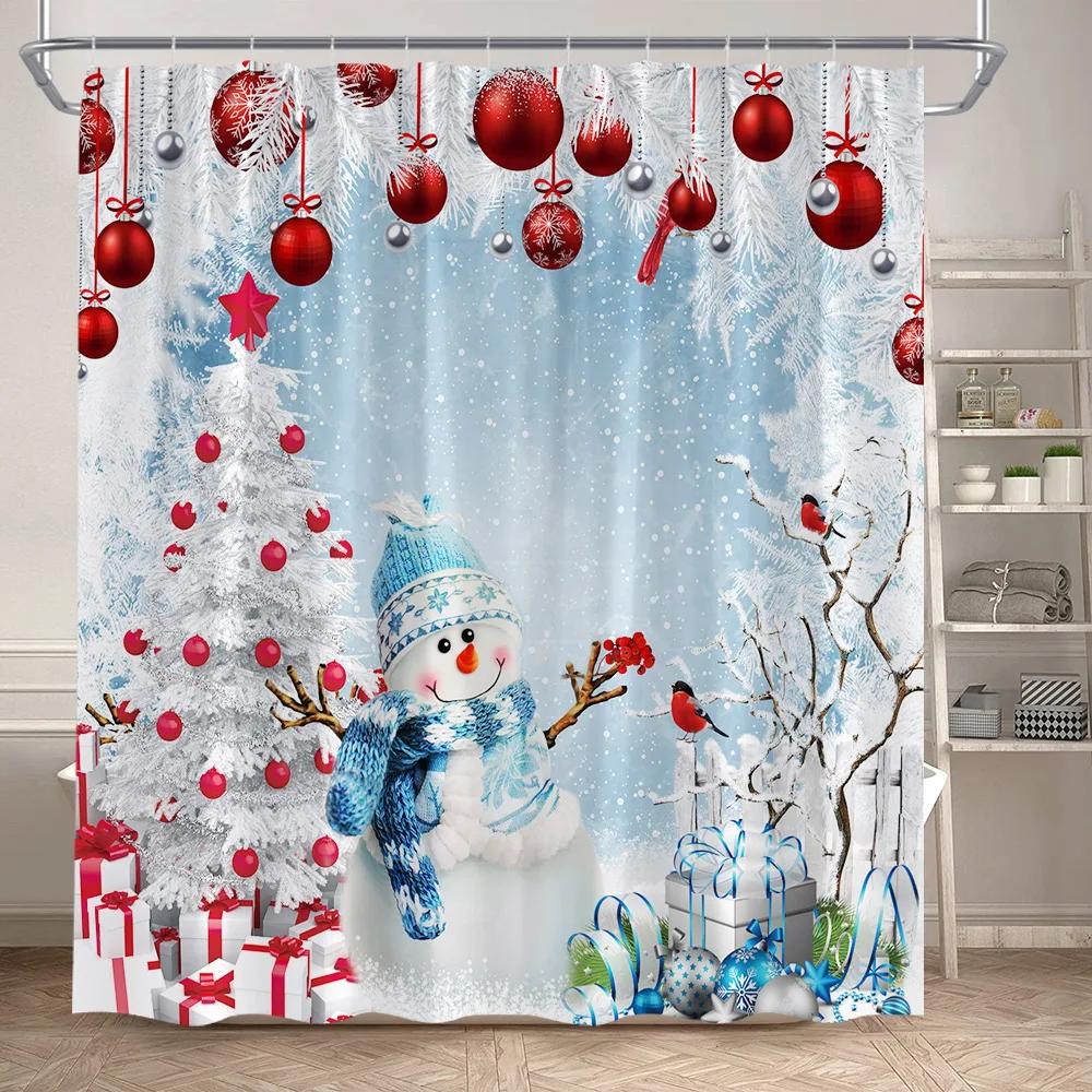 Red Christmas Shower Curtain Set Funny Santa Claus Gift Green Pine Branches Xmas Balls Home Bathroom Decor Bath Mat Toilet Cover