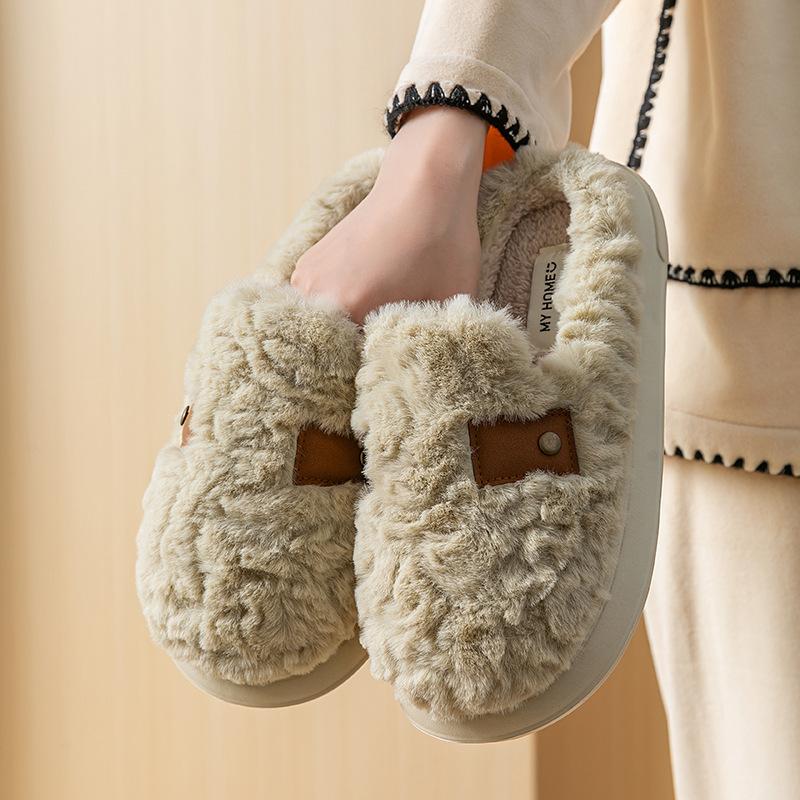 Premium Cotton Slippers Winter Non-slip Couple Fluffy Slippers Plush Thick-soled Home Thermal Shoes