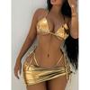 Women's Metallic Purple Triangle Halter Bikini 3 Piece Swimsuit with Cover Up Skirt