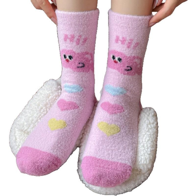 Plush Socks, Thick and Warm Mid-calf Socks for Autumn and Winter, Cute Cartoon Pink, Winter Home Furry Sleeping Socks