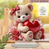 Bohemian-Style Teddy Bear & Heart Desktop Decor - Valentine's Day Gift, Home Office Wedding Decoration with Floral Accents, No Batteries Needed, Hea