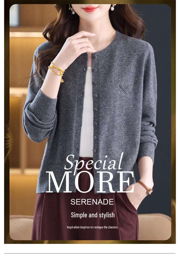 Women's Solid Color Wool Jacquard Long Sleeve Cardigan Sweater