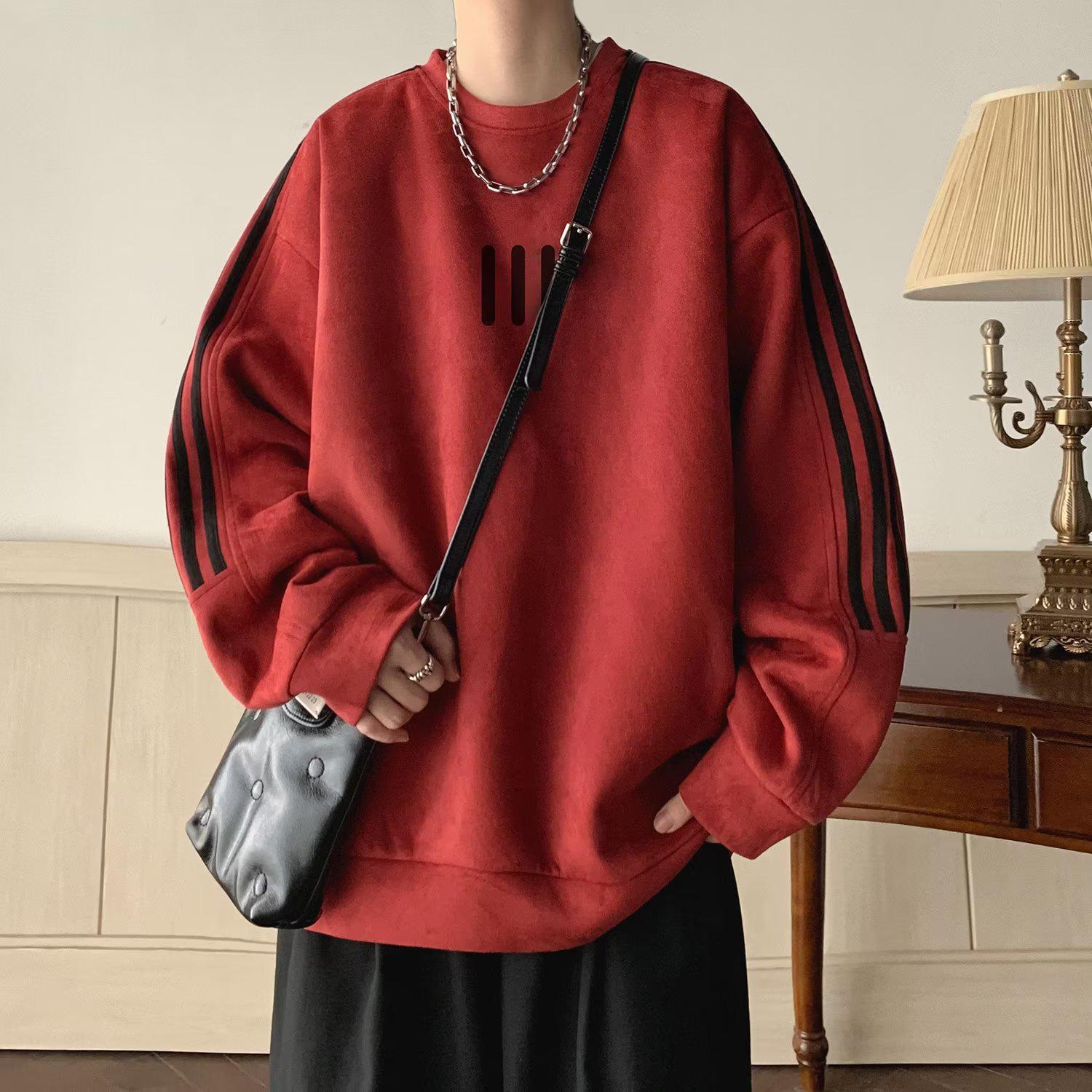 

Мужская замшевая полосатая ретро-толстовка - круглая горловина, свободный крой, модный брендовый топ на весну/осень L красный