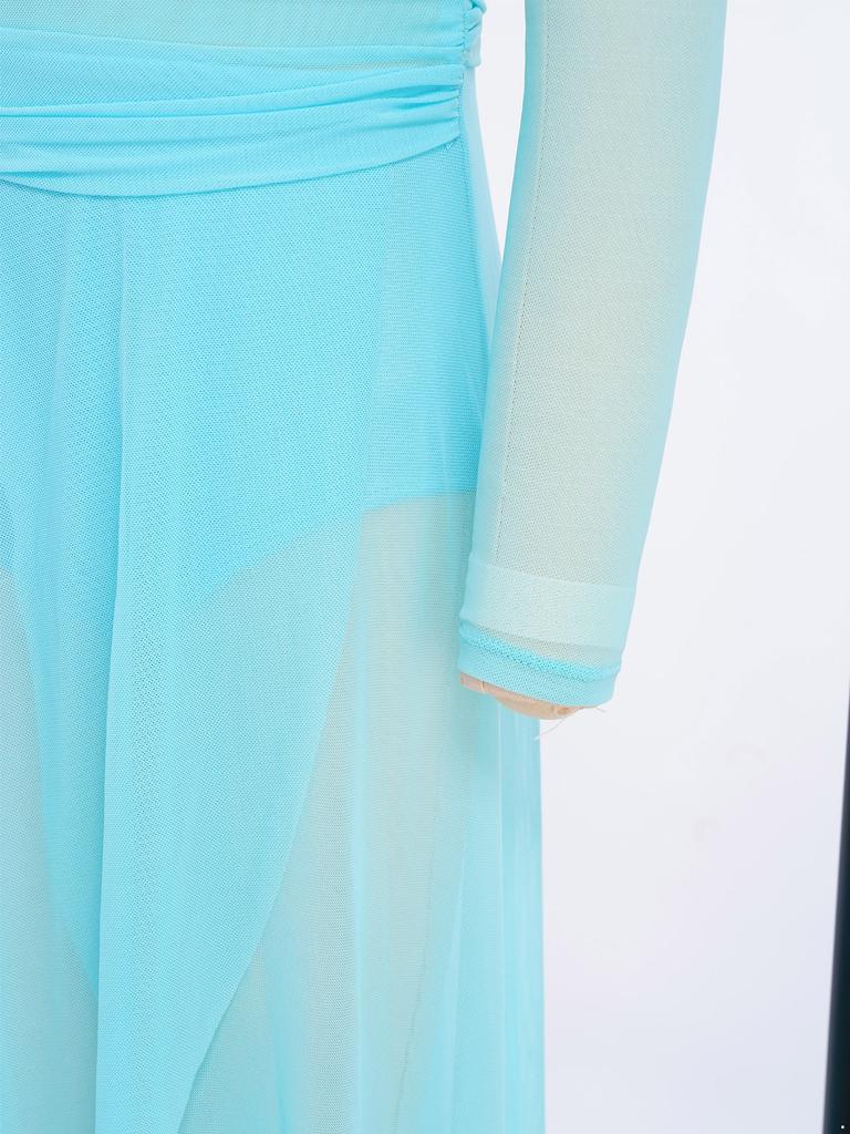 Sukienka do występu tanecznego lirycznego dla dziewczynek: Elegancka aplikacja z tyłem na klucz, rozcięciem z boku i asymetrycznym marszczonym designem z siateczki