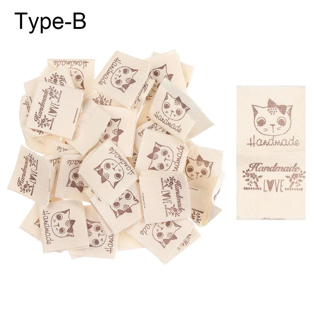 50PCS Heart Shape Cloth Garment Labels Cartoon Pattern Handmade With Love Clothing Tags Woven Knitted Supplies Sewing Accessory