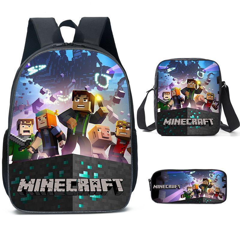 Minecraft Cartoon Print Backpack Set 3-Piece Student School Bag Water-Resistant Large Capacity Unisex