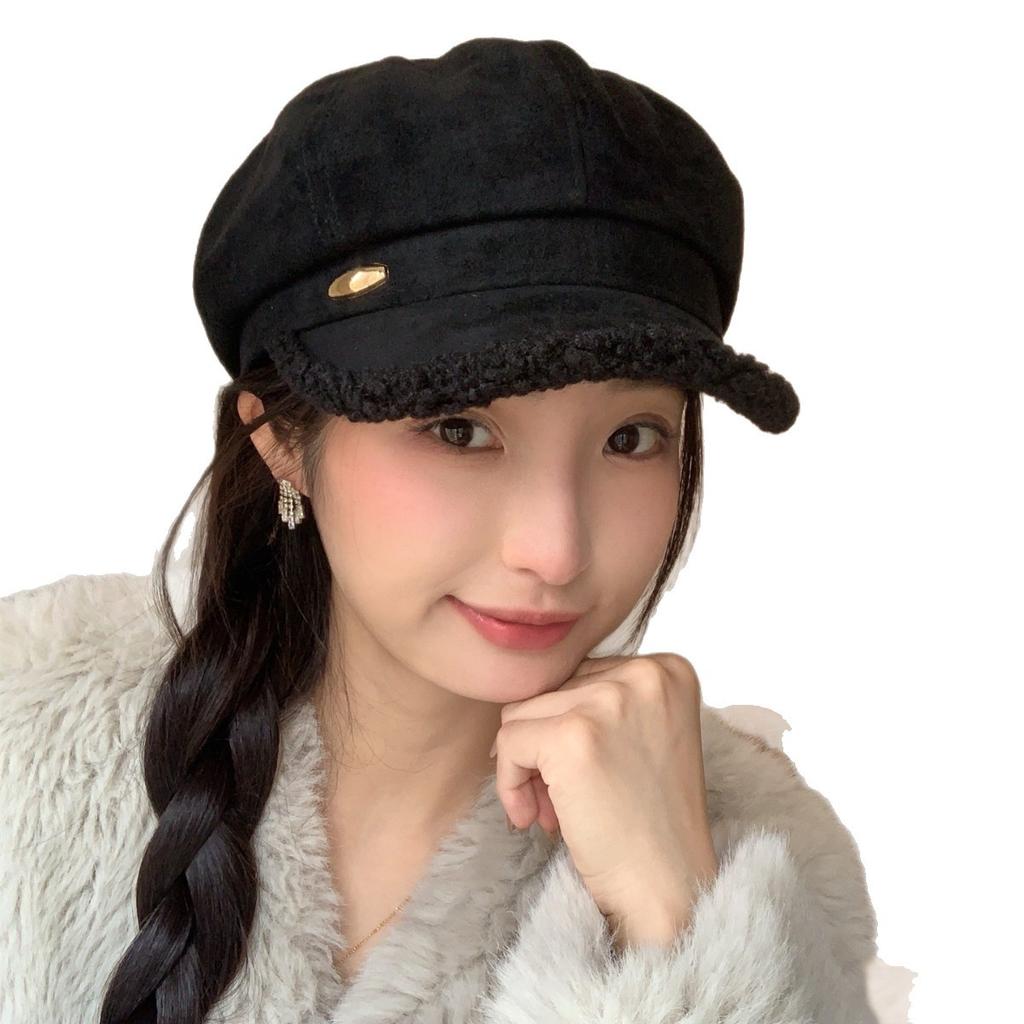 Neue Herbst- und Winter Wildleder Retro Baskenmütze Feminin Vielseitig und Western Style Gesicht Zeigend Klein Achteckiger Hut