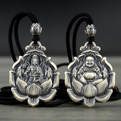 Vintage 999 Sterling Silver Guanyin Pendant, Men's Solid Silver Necklace, Amulet Pendant, Women's Natal Year Maitreya Buddha