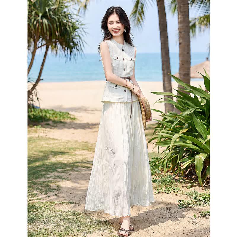 Elegant Sleeveless Shirt & A-line Skirt Set