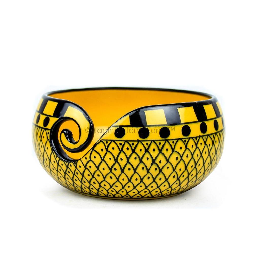 Painted Gorgeous Stoneware Yarn Ball Storage Bowl with Innovative Dispensing Curl | Knitting & Crochet Accessions (Medium, Curry Yellow)