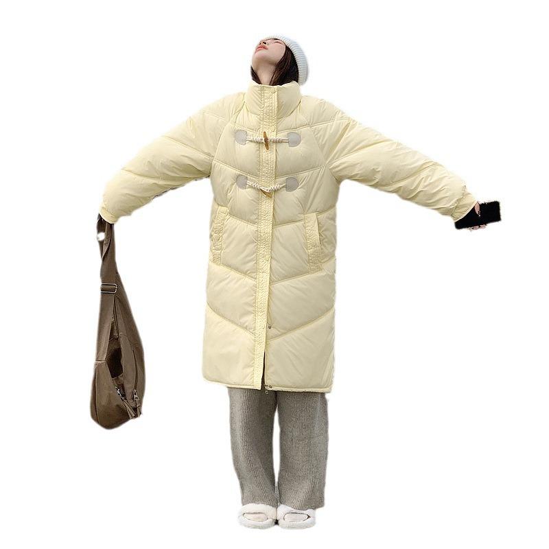 Stand up collar thickened horn buckle cotton jacket for women 2025 new Korean version loose mid-length padded jacket winter jacket