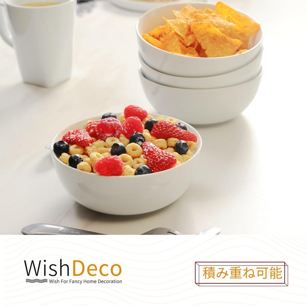 WishDeco Bowl Set of 4: Salad Bowls (600ml), Ramen Bowls, Soup Bowls, White, 15cm Diameter, Microwave and Dishwasher Safe.