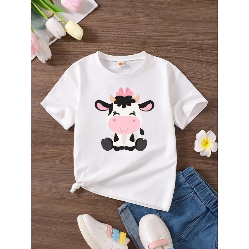 European sizes Girls Casual Cotton T-Shirt with Cartoon Cow Print Top 110 белый
