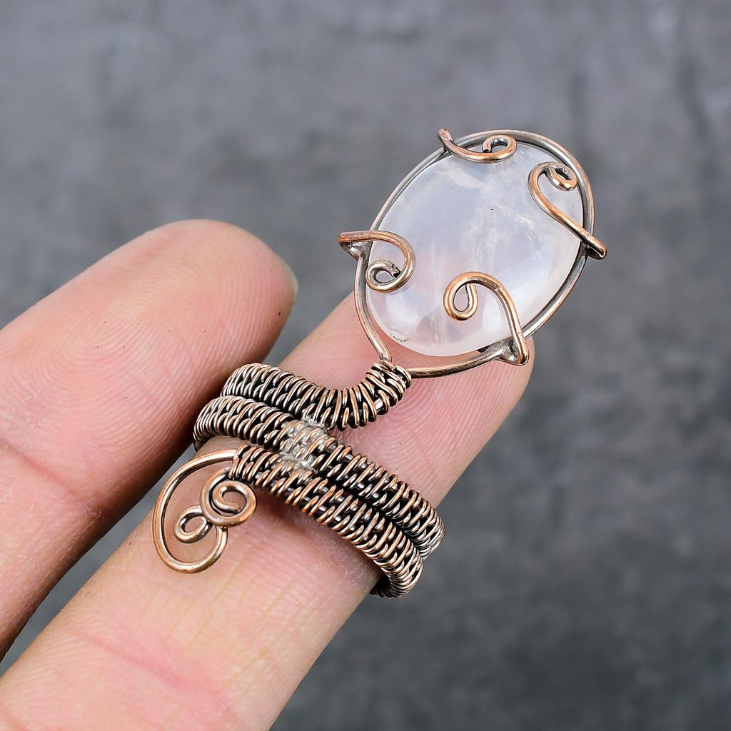 Rose Quartz Handmade Copper Wire Wrap Jewelry Ring Size 8.5 O5i53