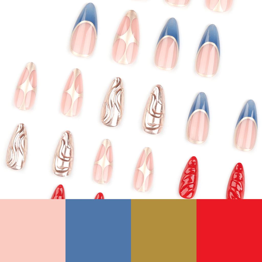 Nude&Red Fake Nails with Metal Shape Decor Charming Comfortable to Wear Manicure Nails for Women and Girl Nail Salon