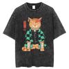 Vintage Washed Tshirt Unisex Casual Cotton Short Sleeve Samurai Cat Print Anime Tshirt Japanese Neko Sushi Wave Tops Tees