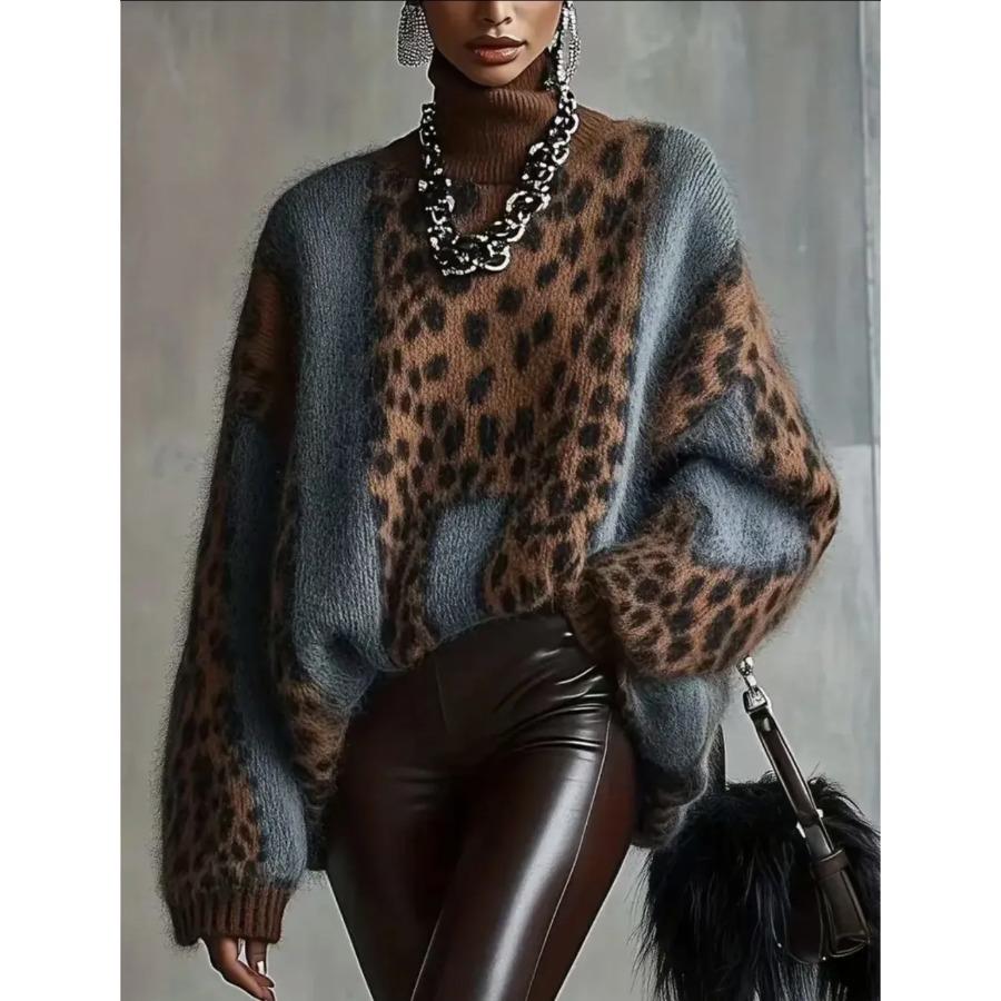 Nuevo Suéter de Punto de Estilo Perezoso Primavera 2026 con Estampado de Leopardo, Holgado, Retro, Empalmado para Mujer