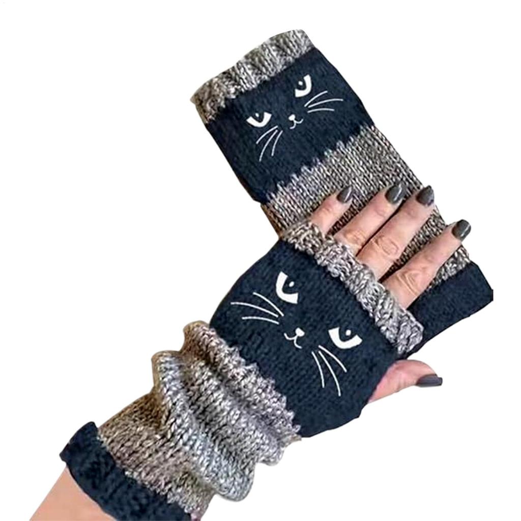 Strick Fingerlose Handschuhe Katze Stickerei Outdoor Wärmezubehör Warme Offene Fingerhandschuhe für Katzenliebhaber Frauen Mädchen Damen Mütter