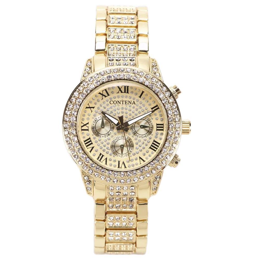 Luxury Gold Watch for Women Geneva Brand New Ladies Quartz Watch Full Stainless Steel with Rhinestones Elegant Wristwatch G