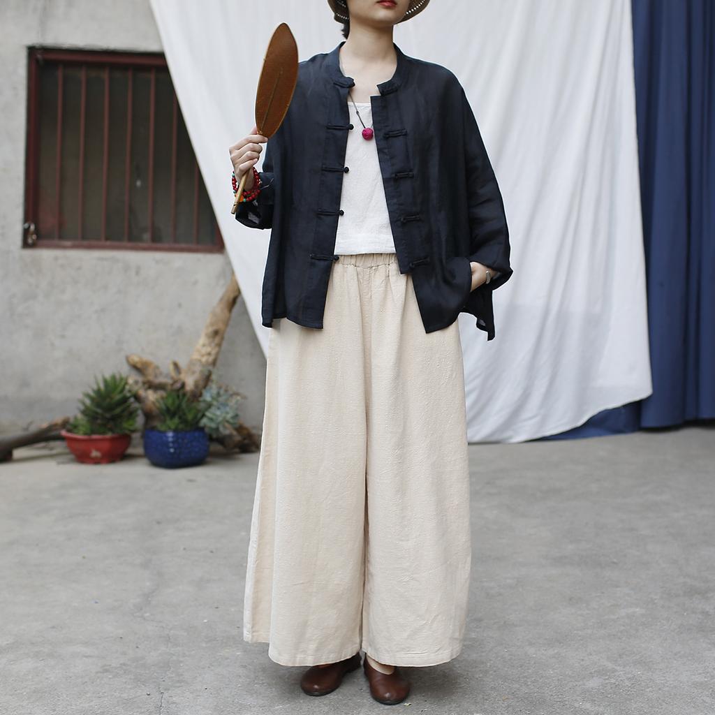 Johnature Vintage Schwarze Hemden für Damen Stehkragen Langarm Knopf Chinesischer Stil Blusen Herbst Locker Dünne Hemden