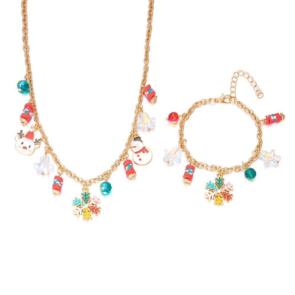 Handmade Christmas Tree Necklace Golden Color Shiny Zircon Snowman Necklace Colorful Bells Rhinestone Bell Necklace