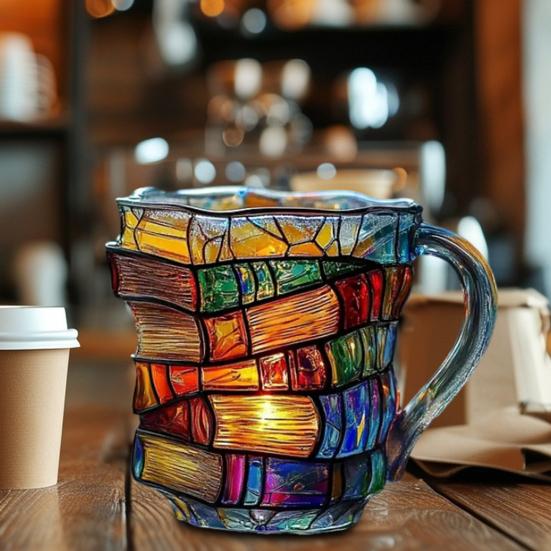 3D Book-Shaped Coffee Mug with Spoon Hand-Painted Book Mug Retro Novel Inspired Mug Hot Cold Brews Cup Gifts for Book Lovers Office