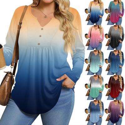 Womens Plus Size Long Sleeve Shirts  V Neck Tunic Tops Basic Loose Fit Tee Tops