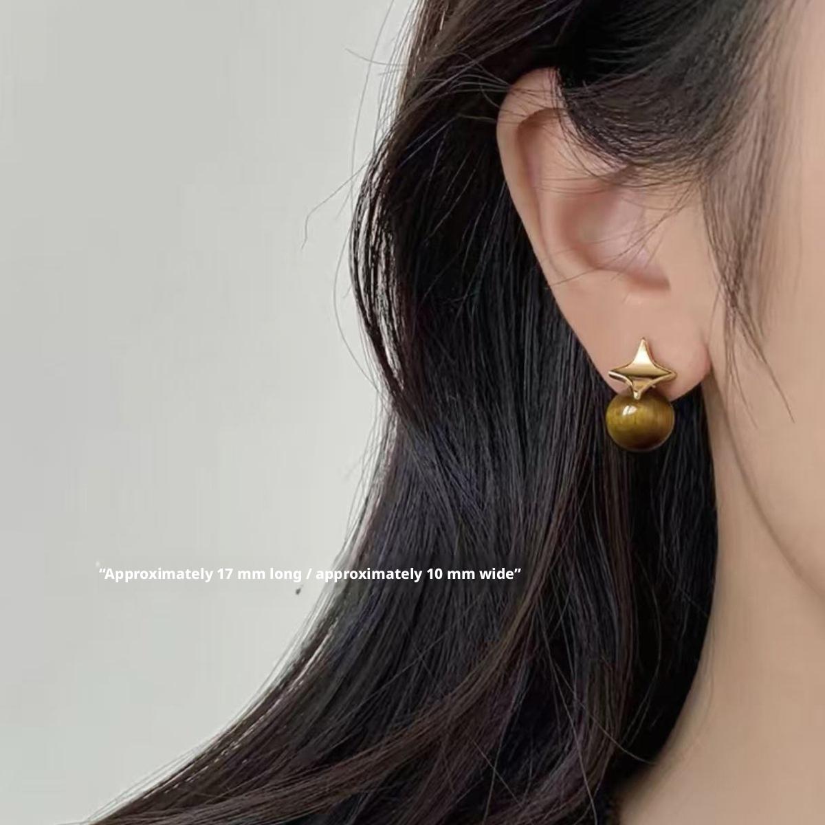 

925 Sterling Silver Needle Four Pointed Star Tiger s Eye Stud Earrings for Women, Vintage Gold Tone Natural Stone Earrings Fashion Jewelry Earrings (pair)