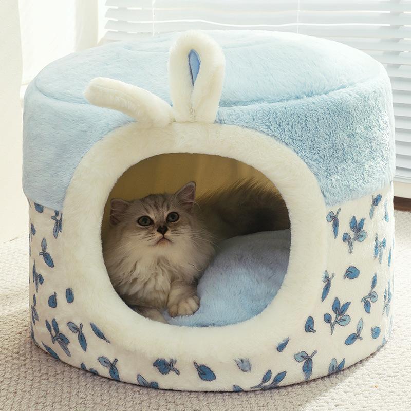 2 In 1 Dog Bed Winter Warm Closed Pets Cats Room PP Cotton Dog Kennel Winter Warm Lovely Ear Cat Dog House Washable Dog Cave Bed