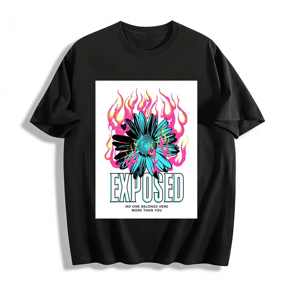 Exposed Flame Daisy Print Tee Edgy Streetwear Casual Loose Top Pure cotton T-shirt XXS