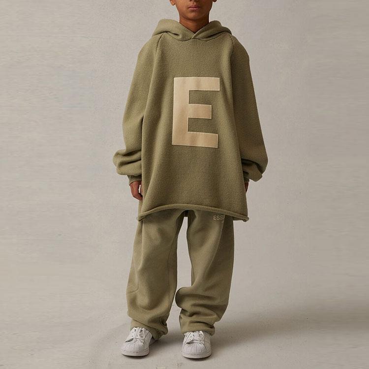 Fear of God Essentials SS22 Kids Big E Knit Hoodie Sea Foam Logo Kids Hoodies Gray-Green FOG-SS22-668