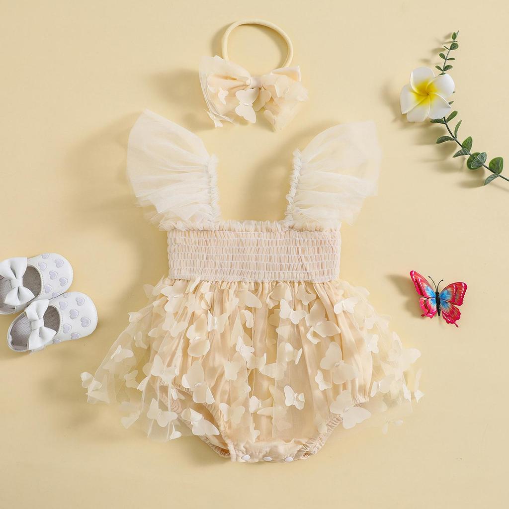 Infant Girl Romper Dress Butterfly Decor Fly Sleeve Ruched Mesh Skirt 3 6 12 18 24 Months Hem Jumpsuits Newborn Clothes Baby Bodysuits with Headband