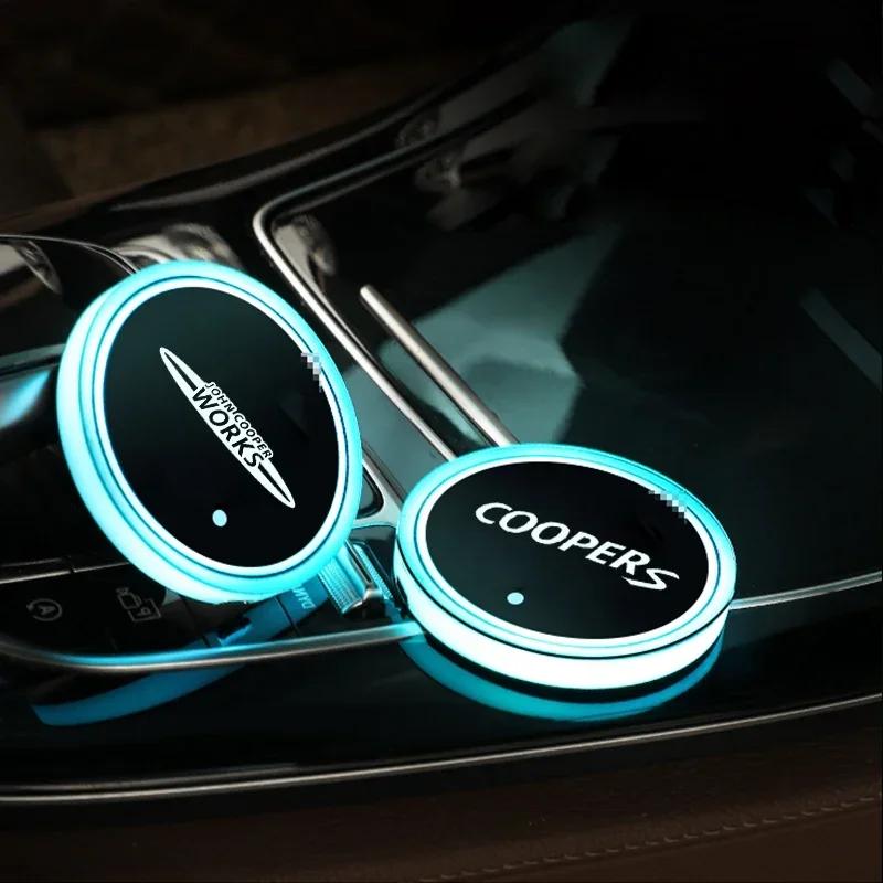 2pcs Car Led Light Cup Coaster Mat Drinks For f333 Cooper JCW F54 F55 F56 R54 R55 R56 Clubman Countryman Seven-tone LED Luminous 333f