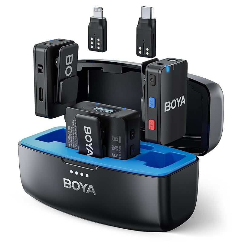 

BOYAMIC Wireless Lavalier Microphone for iPhone and Android Type C Smartphone DSLR Camera, Onboard Recording, 984 Feet Range, 10 Hours Battery Life,