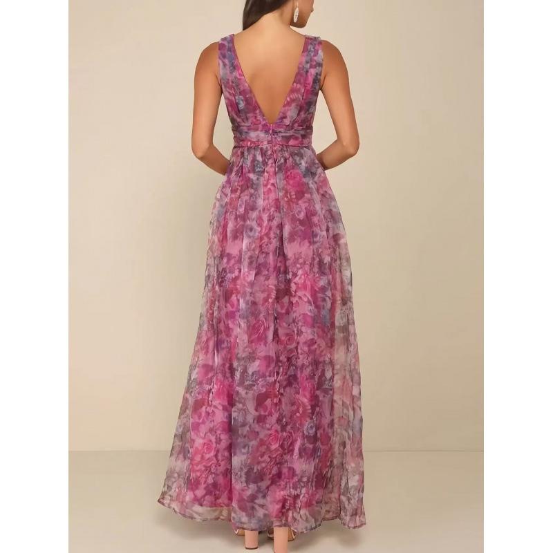 Purple pink smudged floral deep, sleeveless split yarn dress wedding vacation atmosphere dress dress