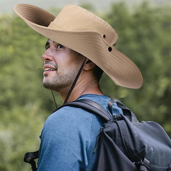 Men Fisherman Hat Flat Top Wide Brim Breathable Sun Hat Adjustable Windproof Drawstring Sun Protection Hat
