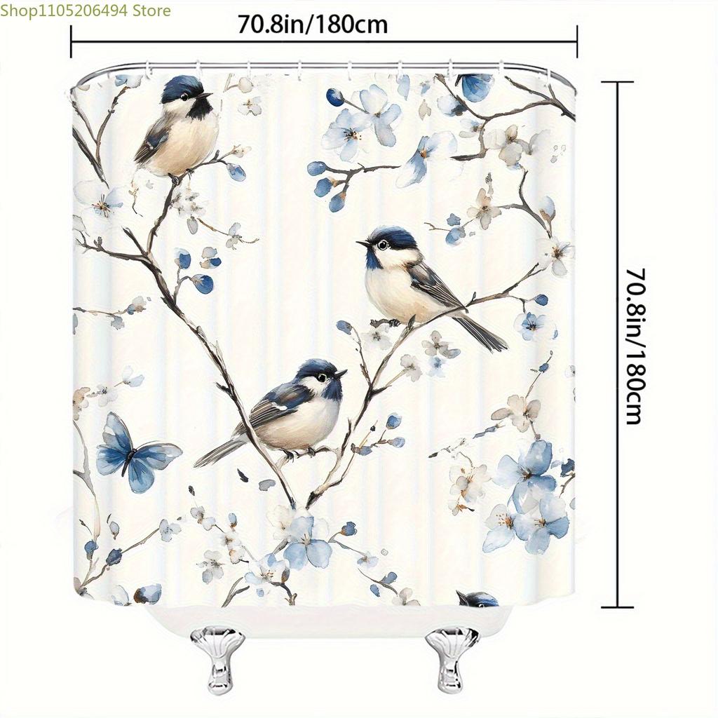 A Bird Flower Print Shower Curtain, Digitally Printed, Suitable for All Seasons, Artistic Design, No-drill Extra-wide Ring Par