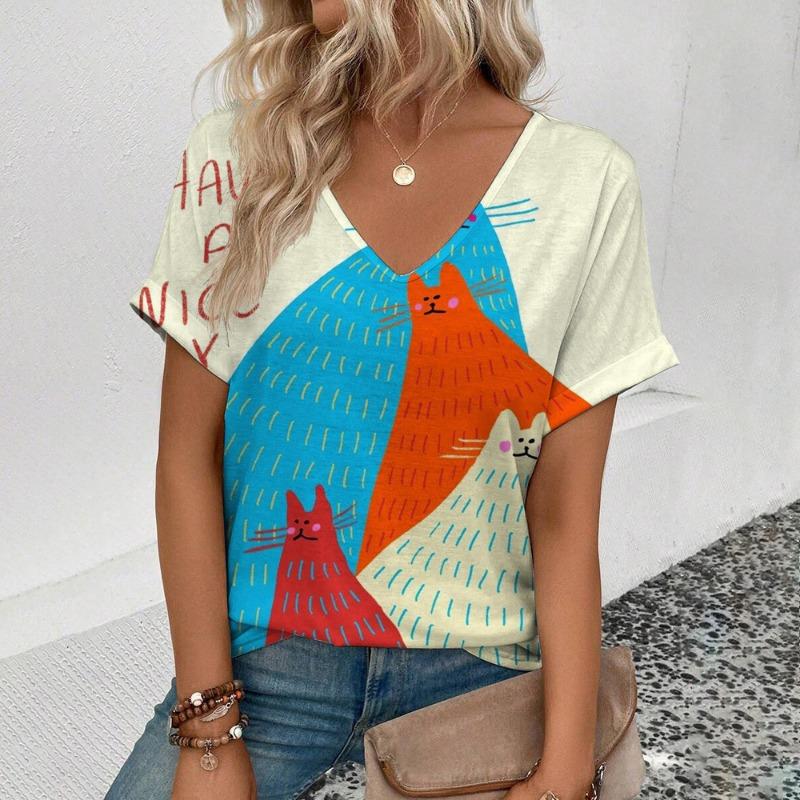 Summer Simple Trendy V-neck T-shirt Loose Casual Cat 3D Digital Printed Casual Short Sleeve T-Shirts Women’s