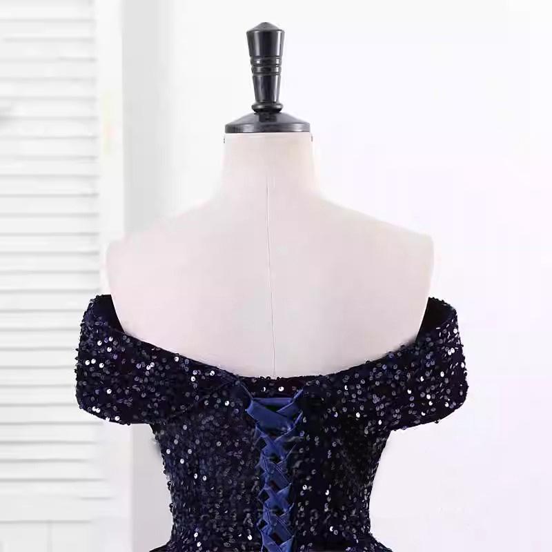 Off-the-Shoulder Sequined Evening Gown for Women: Ideal for Performances, Beauty Pageants, and Gala Events with Puffy Long Skirt.