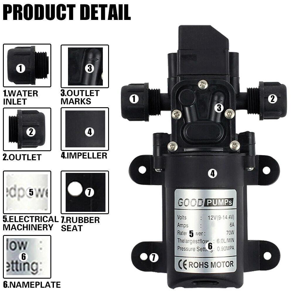 70W DC 12V Micro Electric Diaphragm Reflux Water Pumps 130PSI Self Priming Pump Diaphragm High Pressure RV Auto Switch 1/2PCS