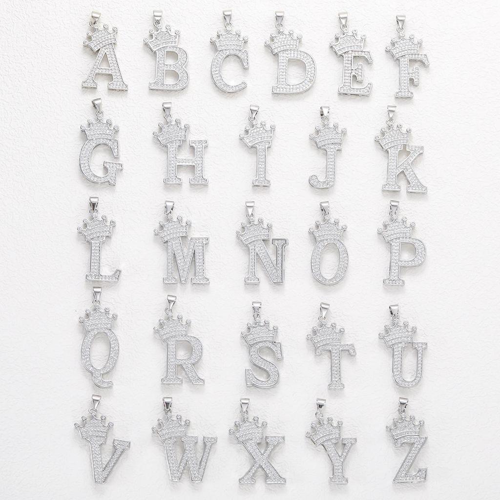 Copper Micro-Inlaid Zircon Crown Letter Pendant Necklace - Hip-Hop Silver Fashion