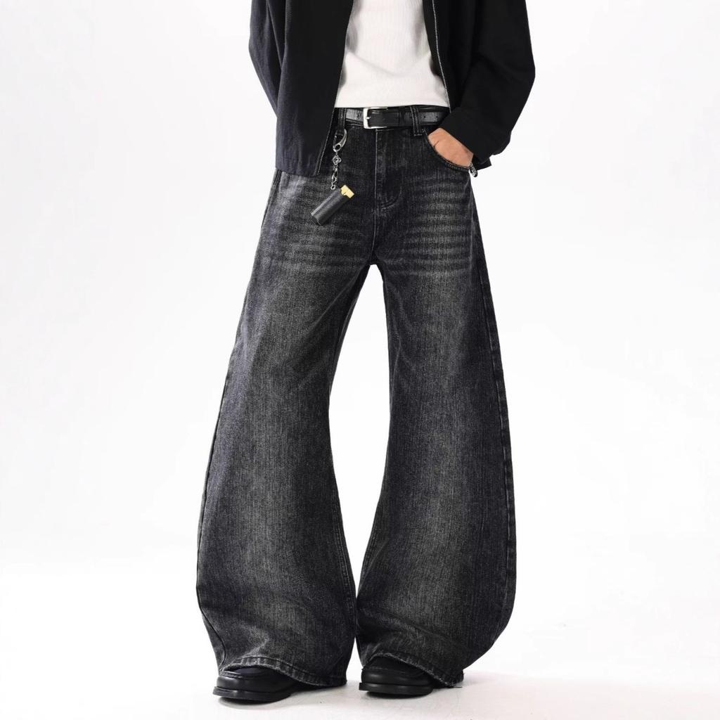 American retro big pocket scimitar jeans men's spring and autumn fashion high street design sense loose wide leg floor pants