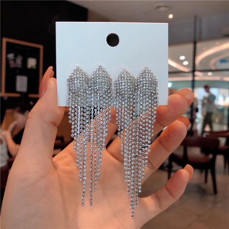 S925 Silver Needle Rhinestone Tassel Earrings - Exquisite Long Claw Chain with Colored Diamonds, European & American Style