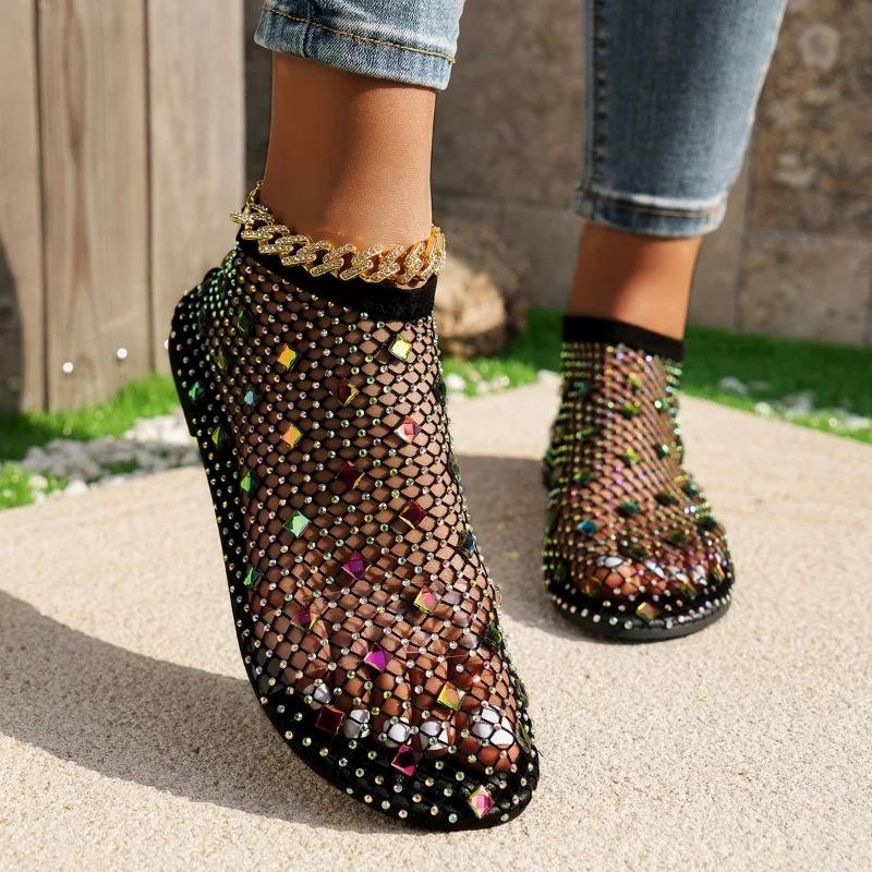 Fashion  Hot Selling Summer Women's New Slippers Hollow Short Boots Rhinestone Sexy Flat Bottom Fashion Banquet Slippers
