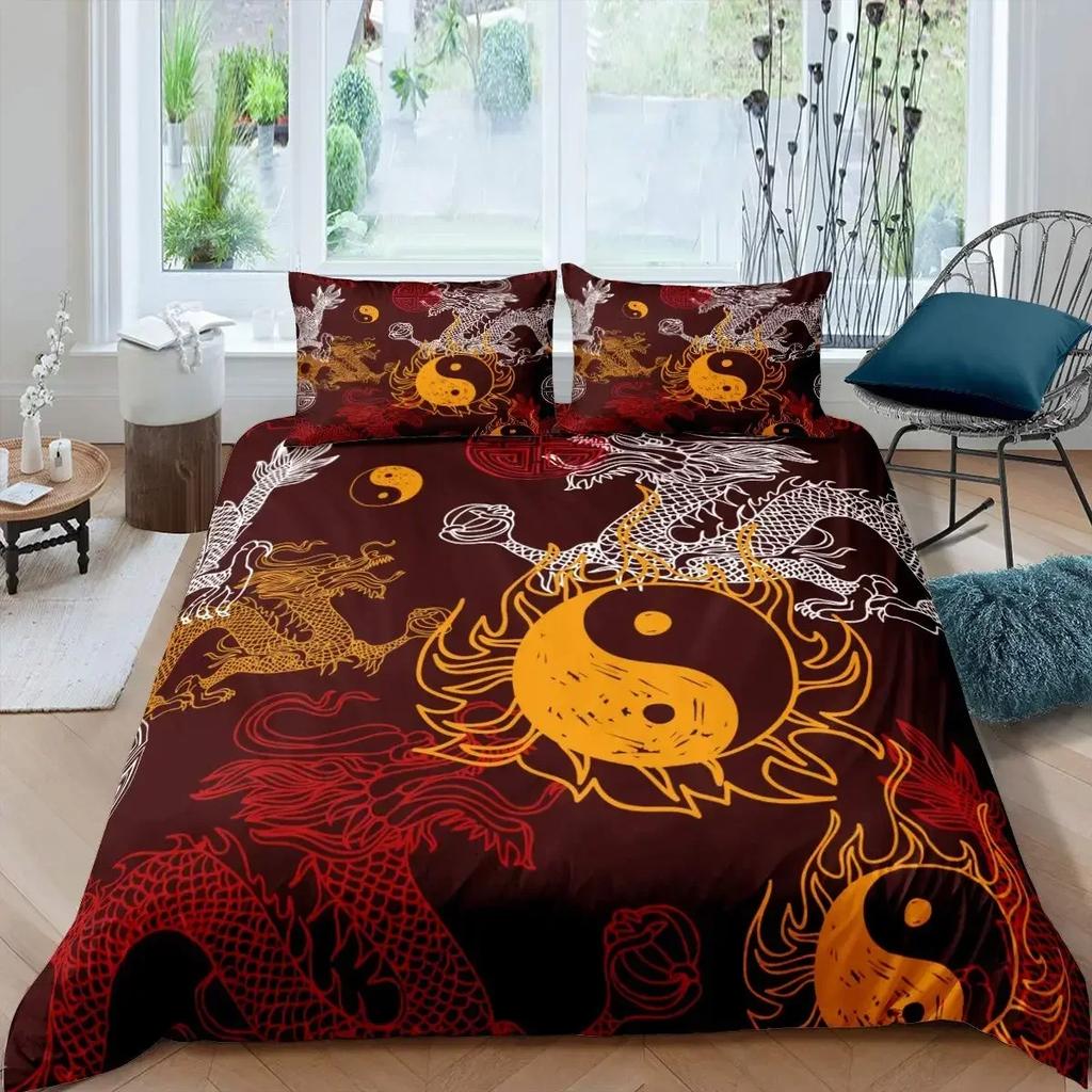 Magical Dinosaur Bedding Set Fire Dragon Duvet Cover Set Jungle Animals Pattern Wildlife Style King Size Polyester Quilt Cover