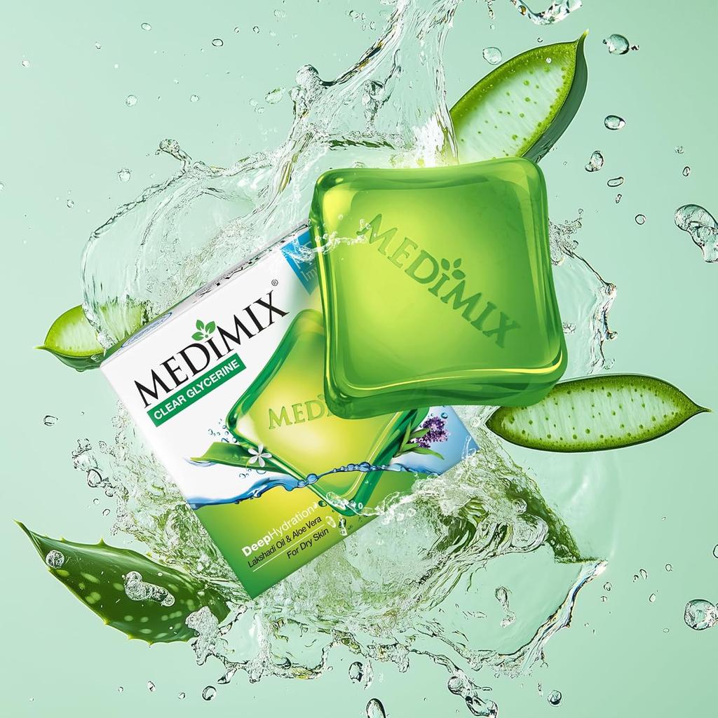 Medimix Clear Glycerine Bathing Bar Soap For Dry Skin 100gx 4 Soap With Lakshadi Oil & Aloe Vera For Hydrated Smooth Radiant Skin